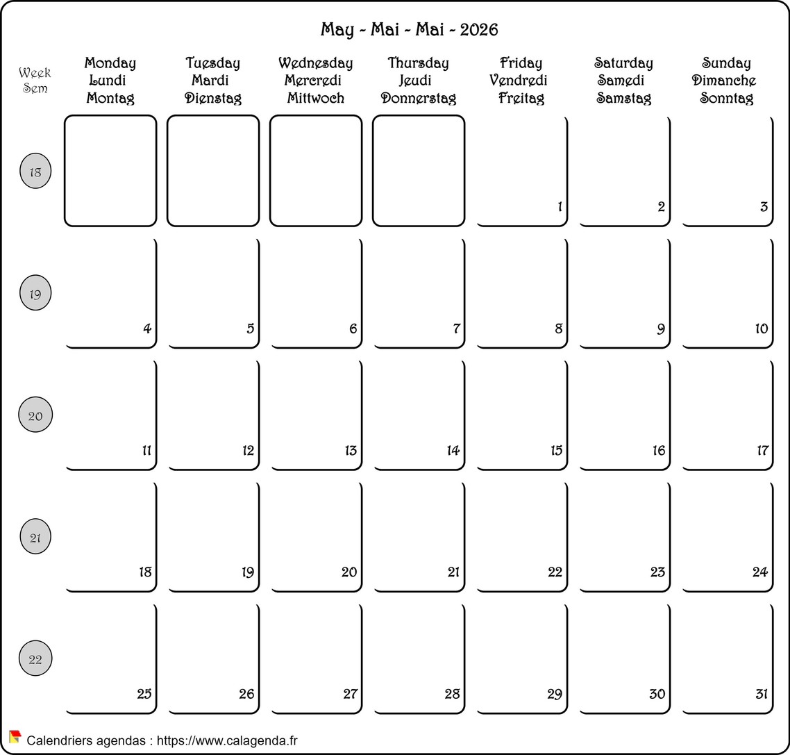 Calendrier mensuel 2026 français / anglais / allemand.