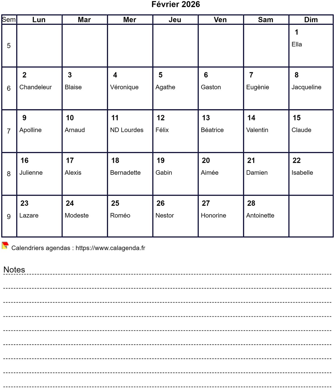 Calendrier mensuel 2026 avec notes