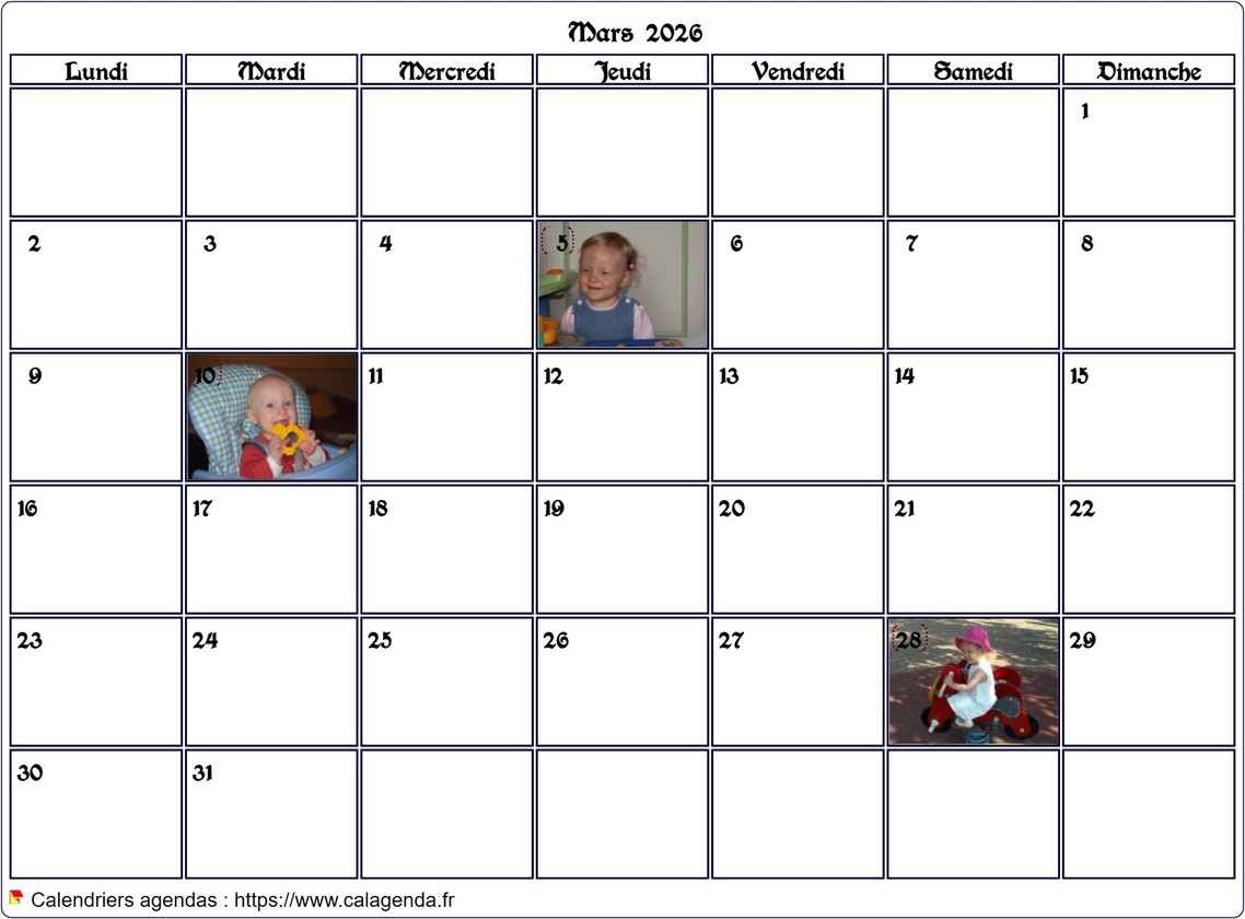 Calendrier mensuel 2026 avec photos d'anniversaires dans les cases
