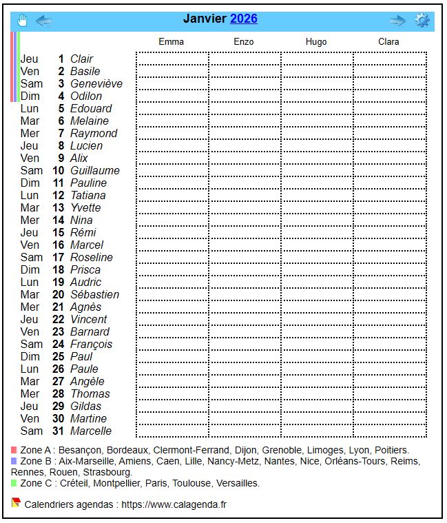 Calendrier planning mensuel 2026 avec colonnes