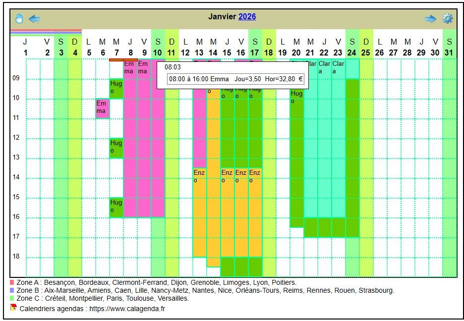 Calendrier planning horizontal mensuel avec la grille des horaires