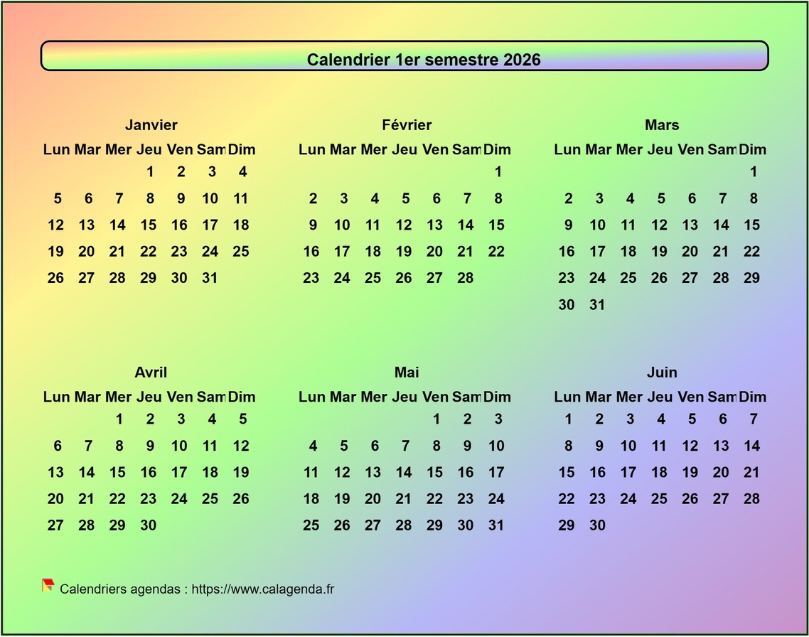 Calendrier 2026 semestriel style arc en ciel Calendrier 2026 semestriel style arc en ciel