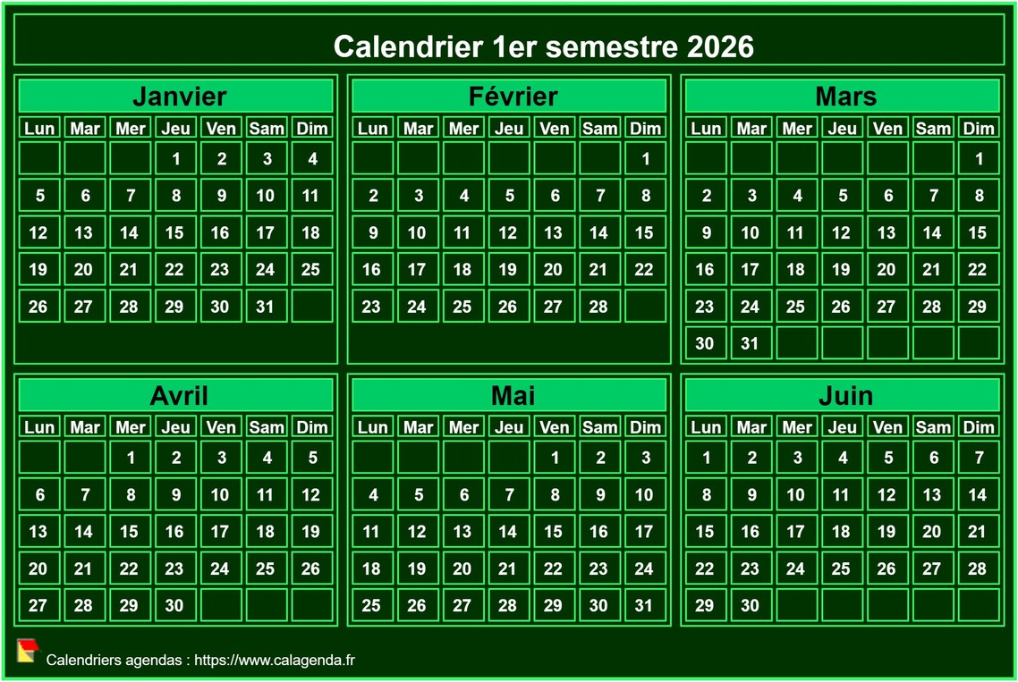 Calendrier 2026 à imprimer, semestriel, format mini de poche, fond vert Calendrier 2026 à imprimer, semestriel, format mini de poche, fond vert