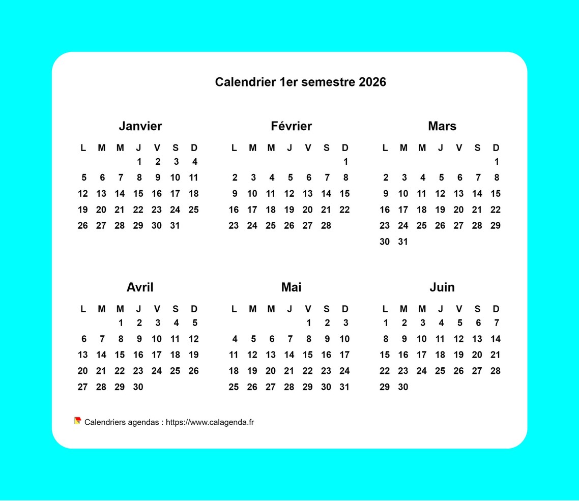 Calendrier 2026 semestriel avec bordure Calendrier 2026 semestriel avec bordure