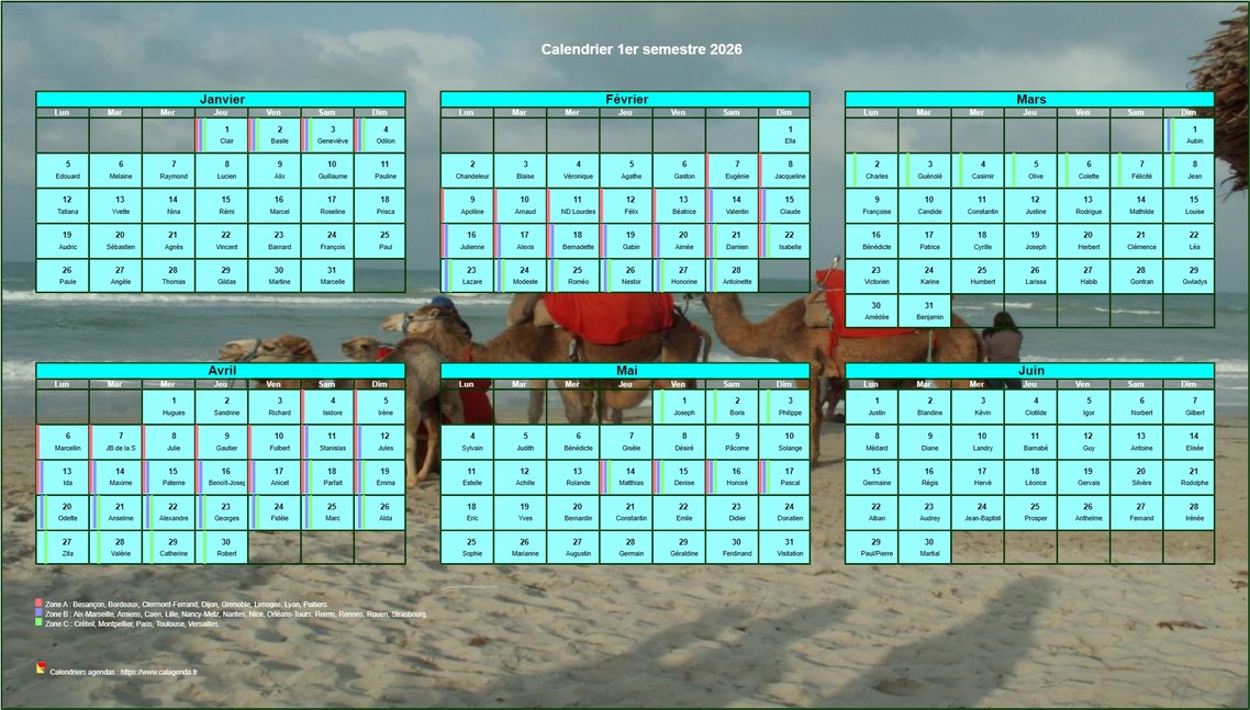 Calendrier 2026 à imprimer semestriel, format paysage, avec photo Calendrier 2026 à imprimer semestriel, format paysage, avec photo