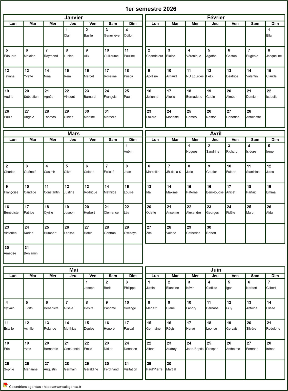 Calendrier 2026 à imprimer semestriel, format portrait, avec les fêtes Calendrier 2026 à imprimer semestriel, format portrait, avec les fêtes