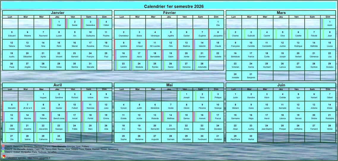 Calendrier 2026 à imprimer semestriel, format portrait, avec photo en fond de calendrier Calendrier 2026 à imprimer semestriel, format portrait, avec photo en fond de calendrier