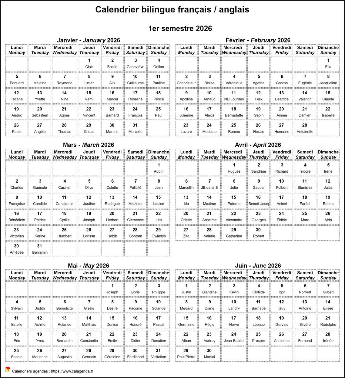 Calendrier 2026 semestriel français anglais Calendrier 2026 semestriel français anglais