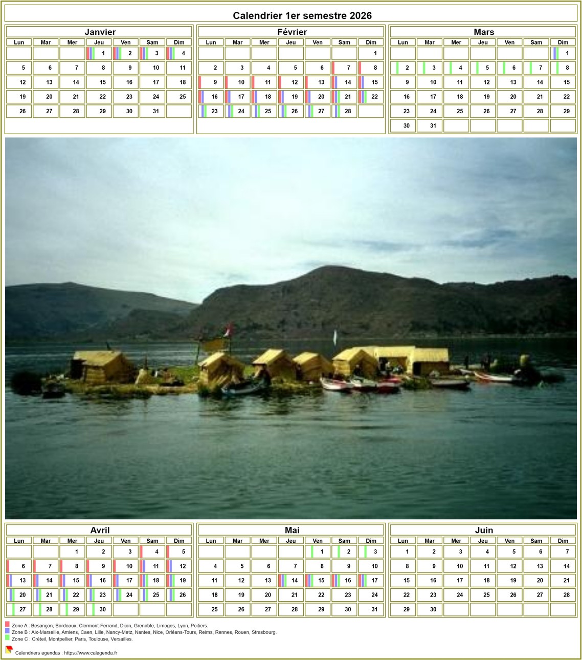 Modèle par défaut du calendrier agenda semestriel, avec photographie au centre Modèle par défaut du calendrier agenda semestriel, avec photographie au centre