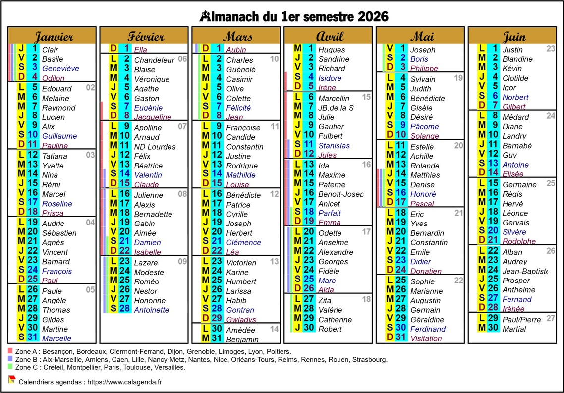 Calendrier 2026 semestriel six colonnes de format paysage Calendrier 2026 semestriel six colonnes de format paysage