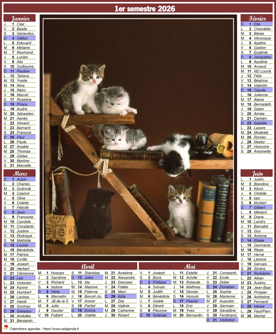 Calendrier 2026 style postes semestriel
