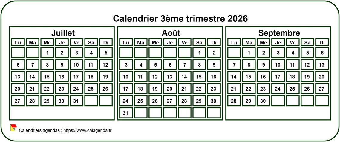 Calendrier 2026 à imprimer trimestriel, format mini de poche, fond blanc Calendrier 2026 à imprimer trimestriel, format mini de poche, fond blanc
