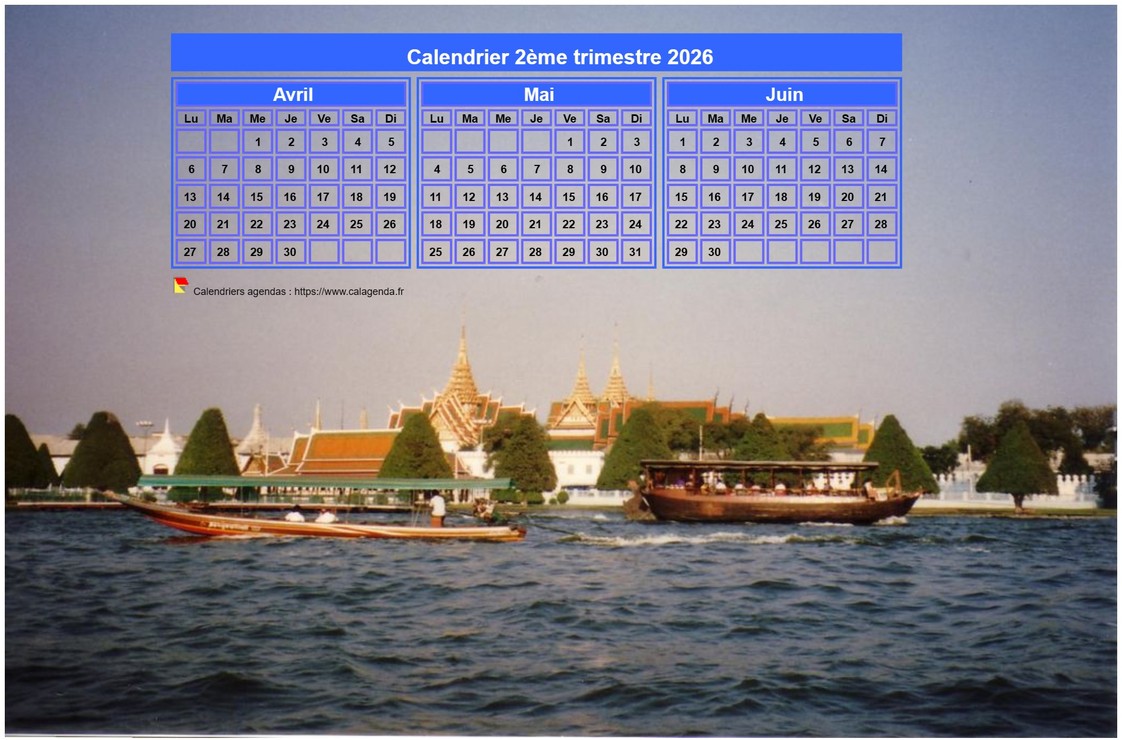 Calendrier 2026 à imprimer trimestriel, format paysage, incrusté sur la partie supérieure d'une photo