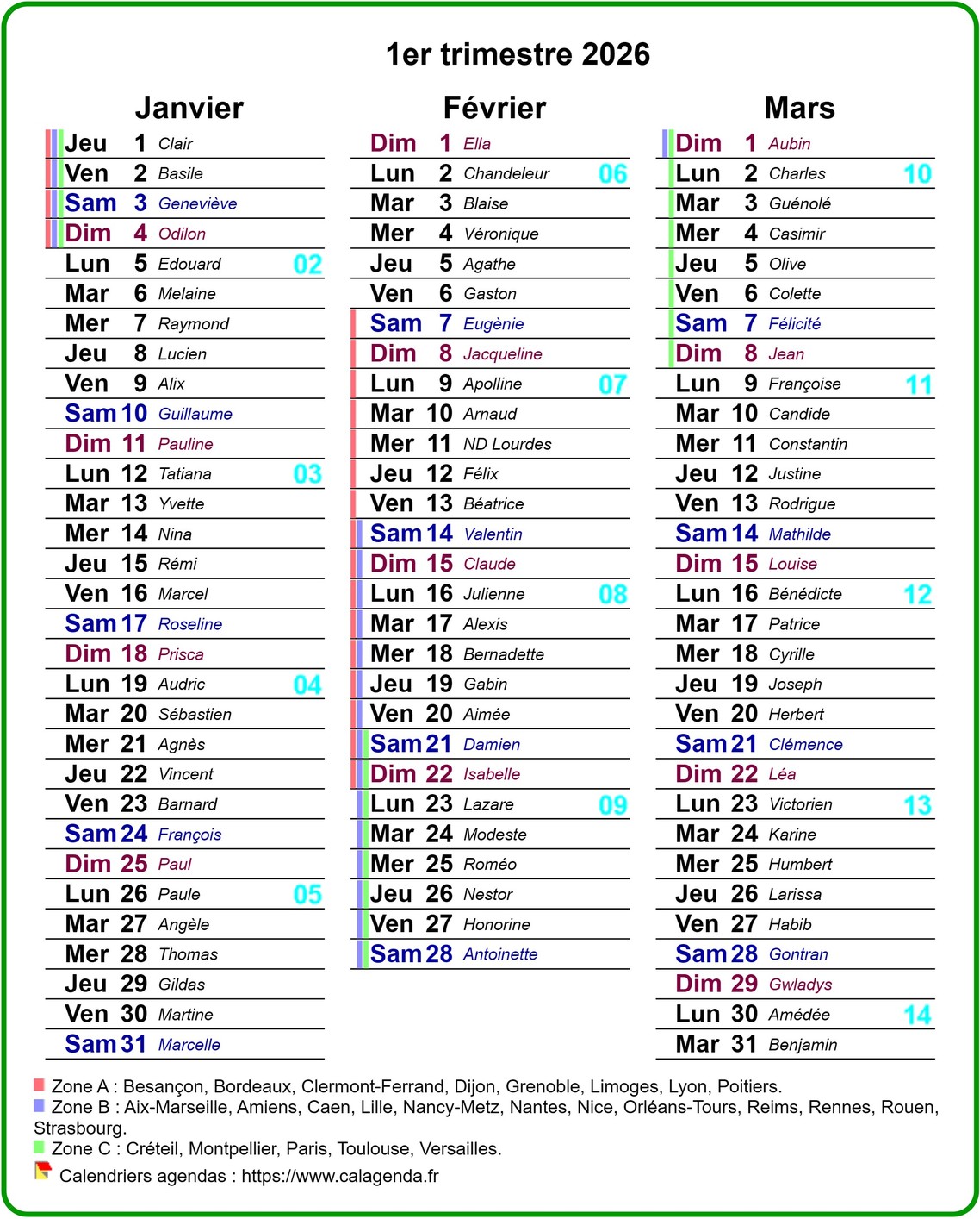 Agenda 2026 trimestriel avec couleurs du texte différentes pour le samedi et le dimanche Agenda 2026 trimestriel avec couleurs du texte différentes pour le samedi et le dimanche
