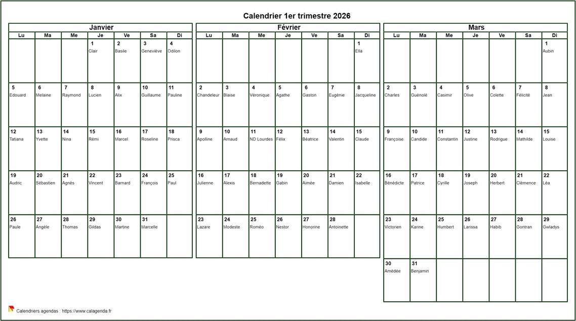 Calendrier 2026 à imprimer trimestriel, format paysage, avec les fêtes Calendrier 2026 à imprimer trimestriel, format paysage, avec les fêtes