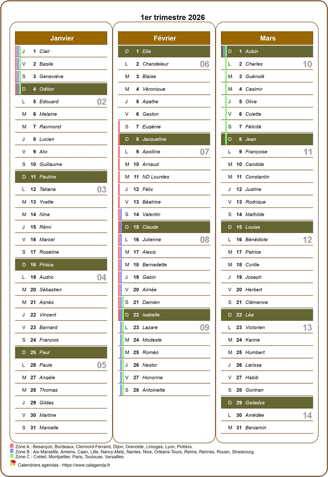 Calendrier 2026 trimestriel avec agenda détaillé, format portrait, une colonne par mois Calendrier 2026 trimestriel avec agenda détaillé, format portrait, une colonne par mois
