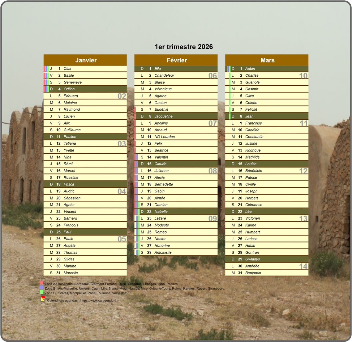 Calendrier 2026 trimestriel décoratif avec photo, format portrait, une colonne par mois Calendrier 2026 trimestriel décoratif avec photo, format portrait, une colonne par mois
