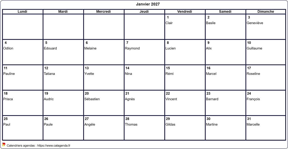 Calendrier janvier 2027 à imprimer vierge, avec les fêtes