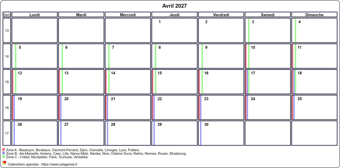 Calendrier avril 2027 personnalisable avec les vacances scolaires