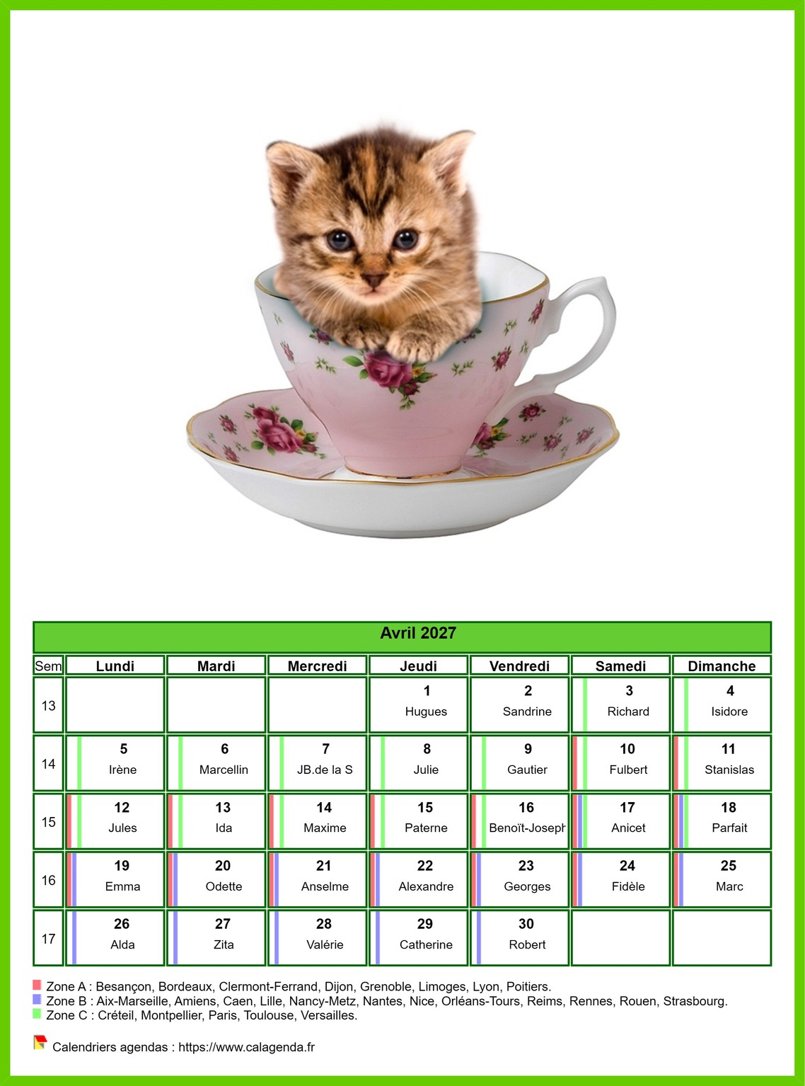 Calendrier avril 2027 chats