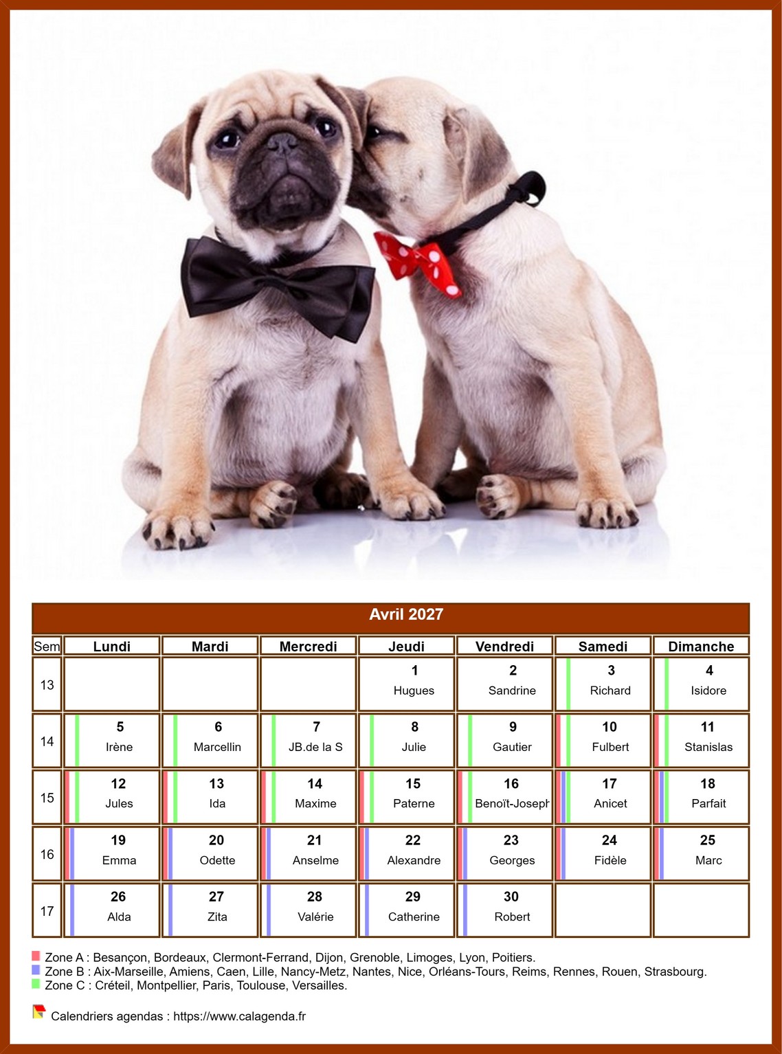 Calendrier avril 2027 chiens
