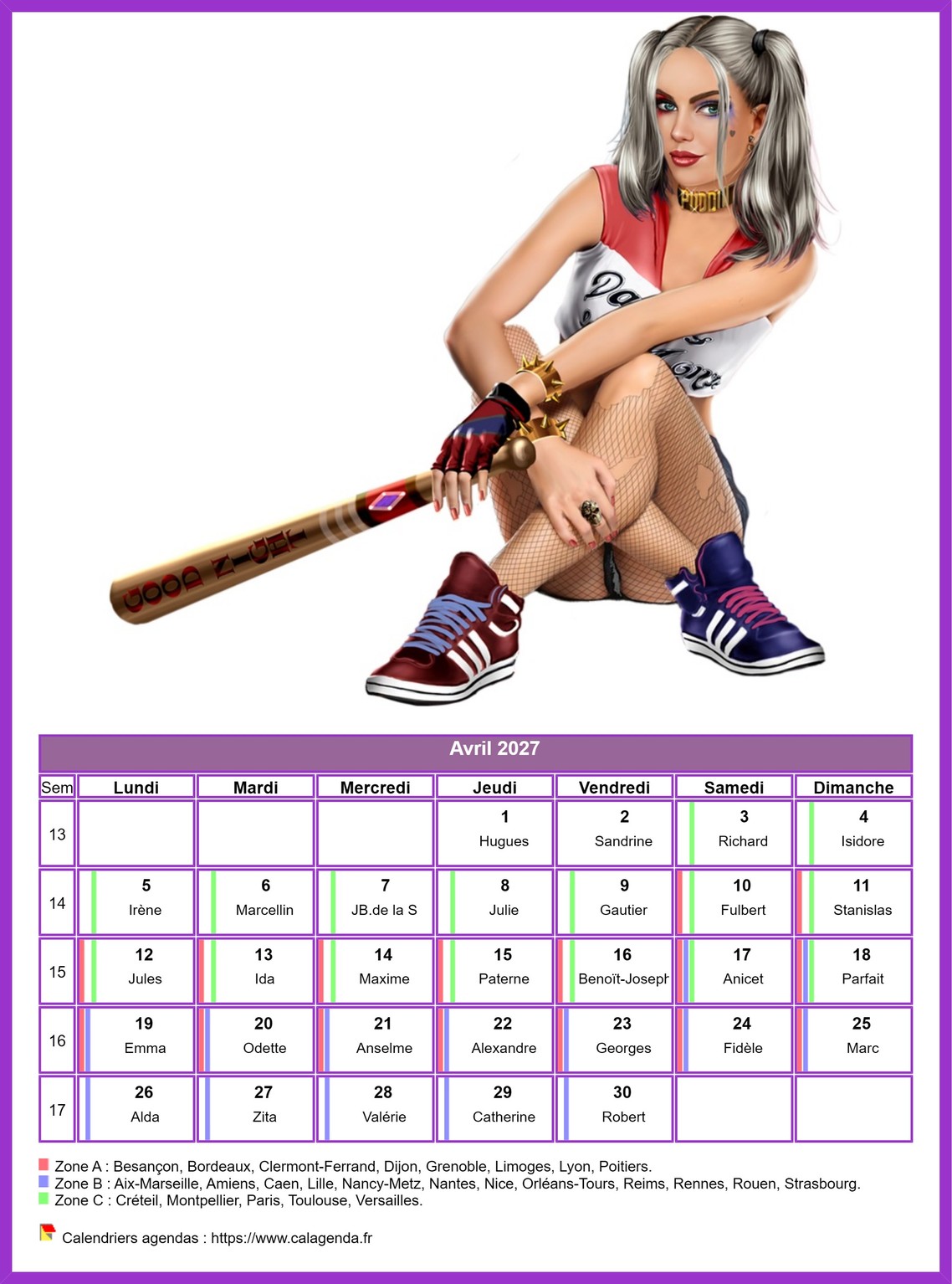 Calendrier avril 2027 femmes