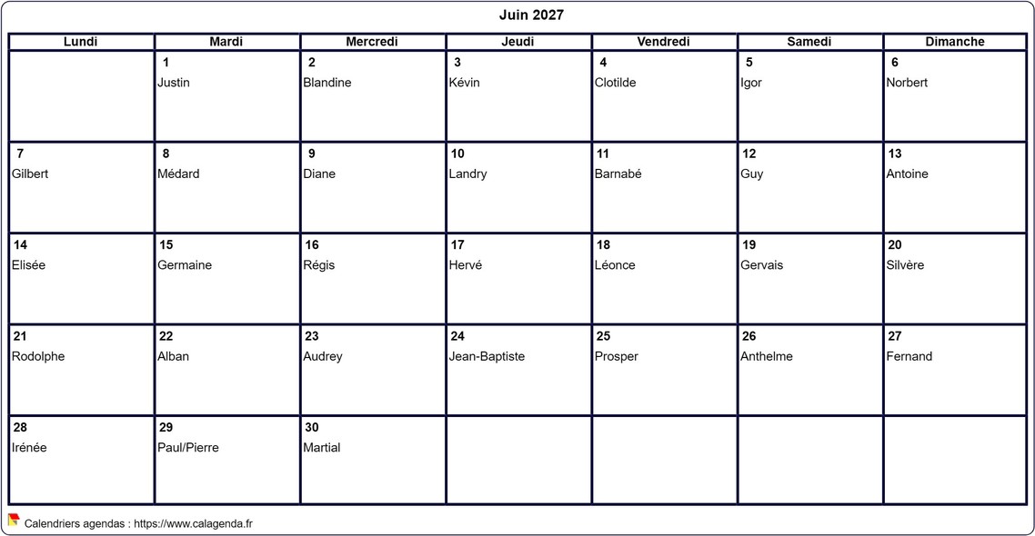 Calendrier juin 2027 à imprimer vierge, avec les fêtes
