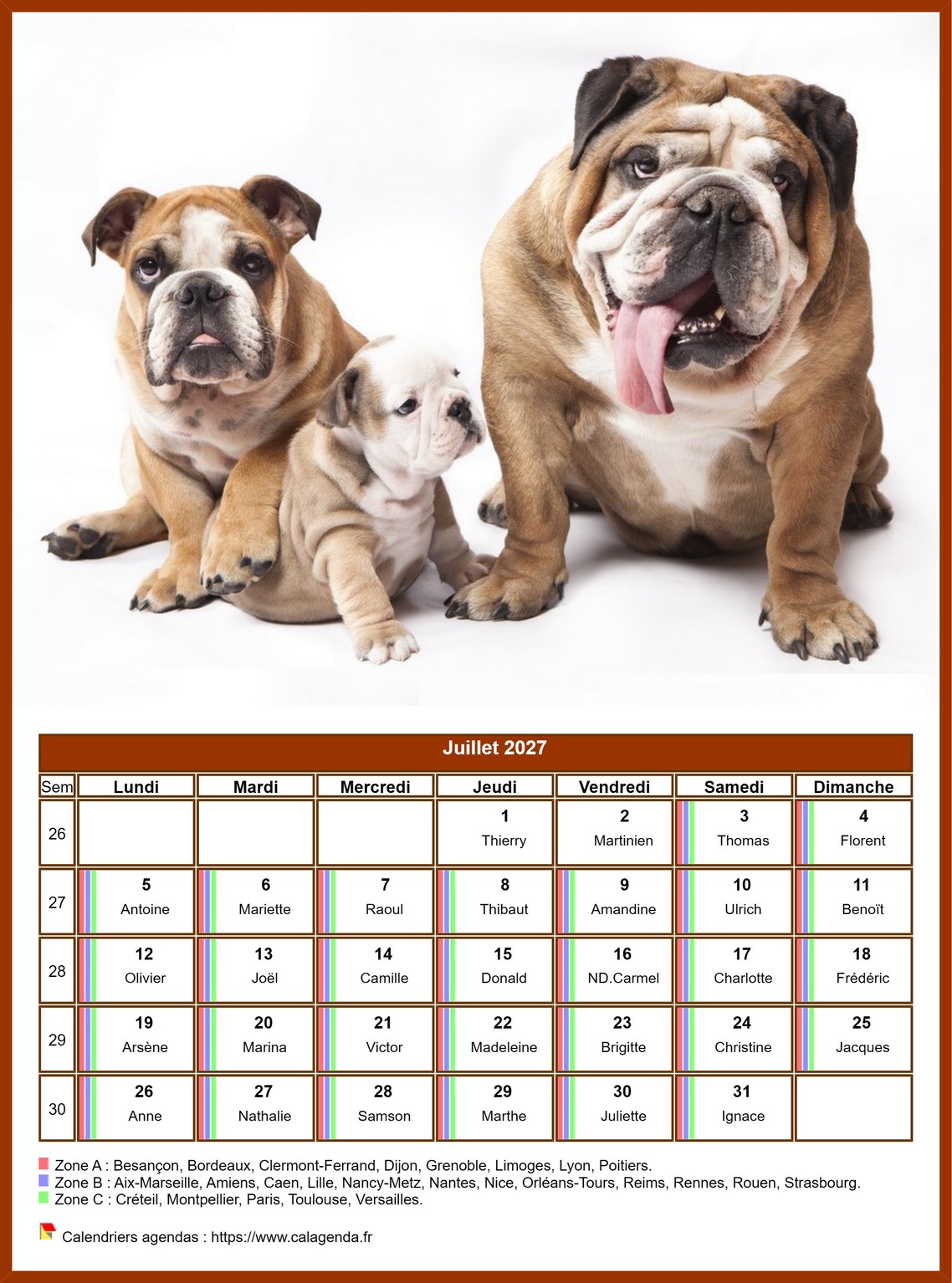 Calendrier juillet 2027 chiens