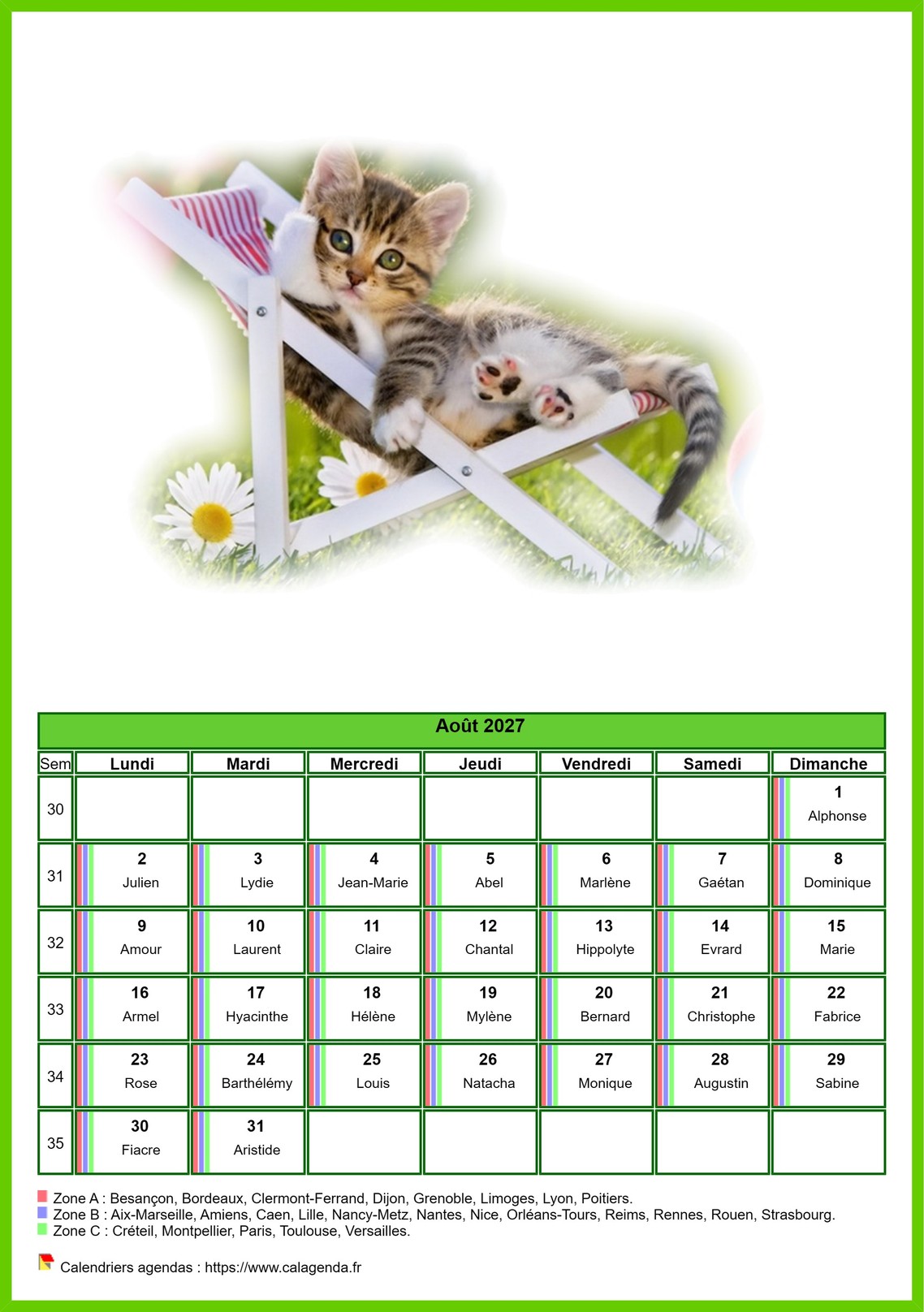 Calendrier août 2027 chats