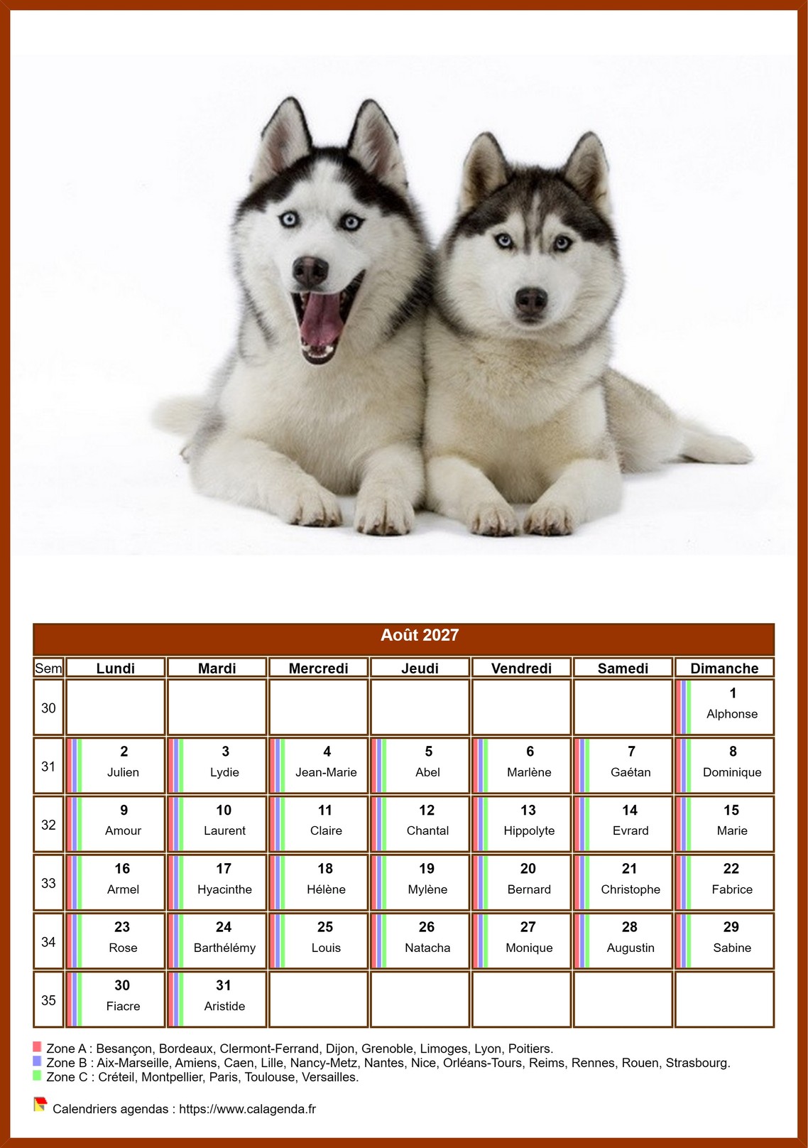 Calendrier août 2027 chiens