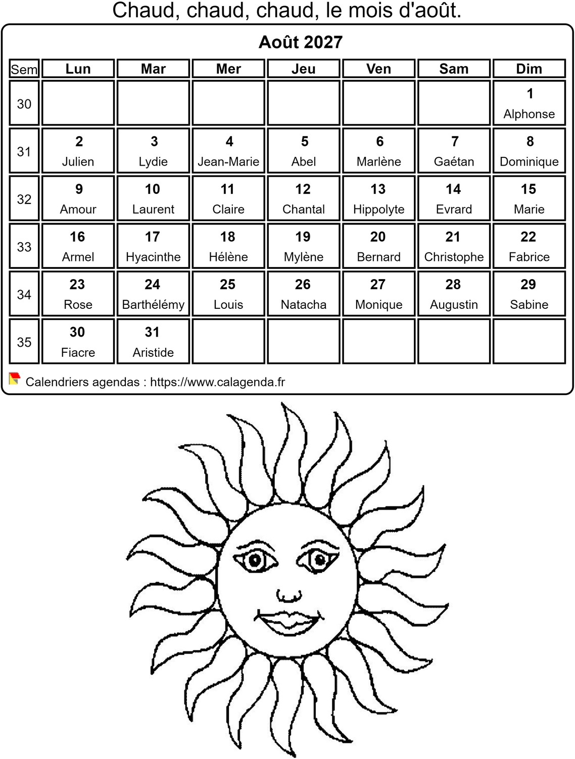 Calendrier 2027 à colorier du mois d'août