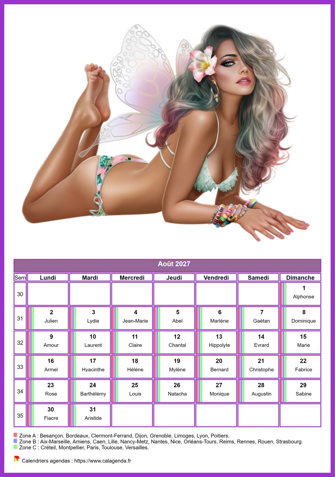 Calendrier août 2027 femmes