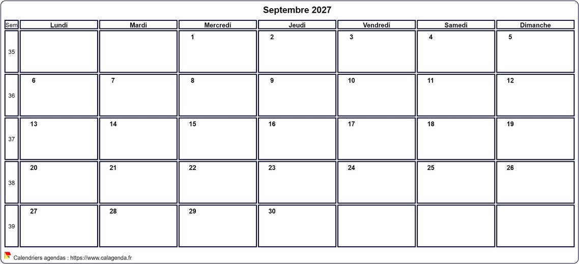 Calendrier septembre 2027 personnalisable avec les vacances scolaires