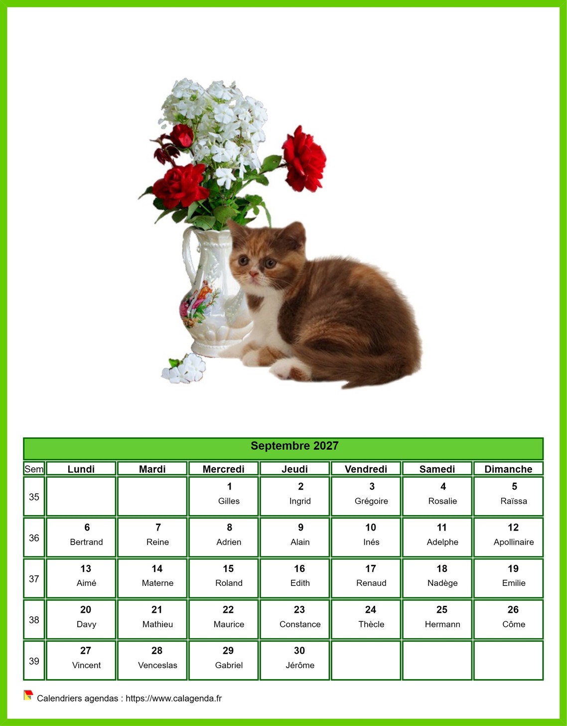 Calendrier septembre 2027 chats