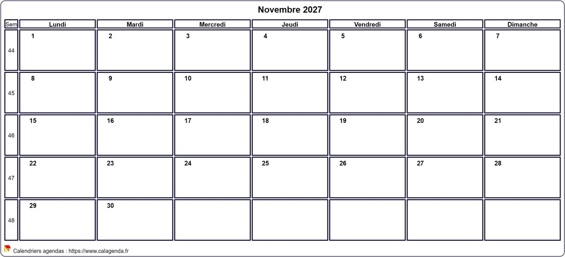 Calendrier novembre 2027 personnalisable avec les vacances scolaires