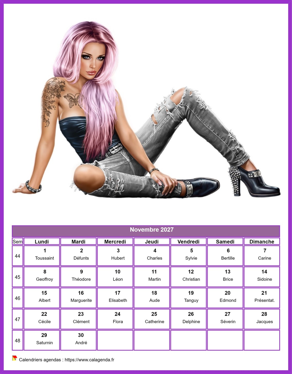 Calendrier novembre 2027 femmes