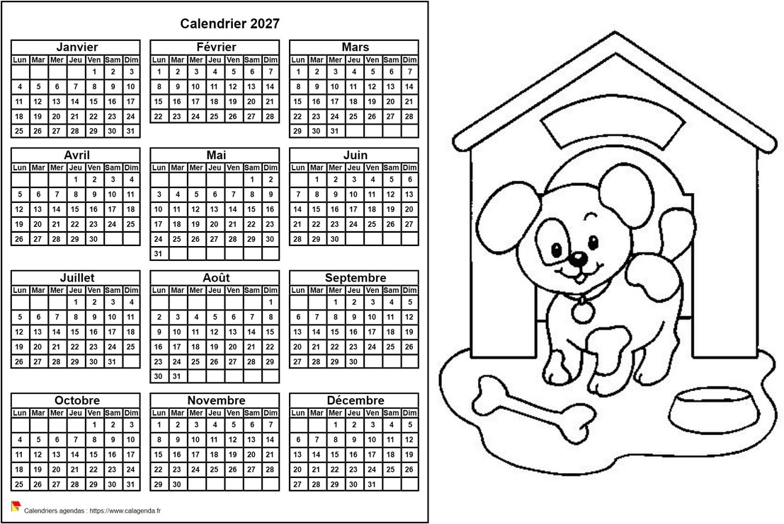 Calendrier 2027 à colorier annuel, format paysage, pour enfants