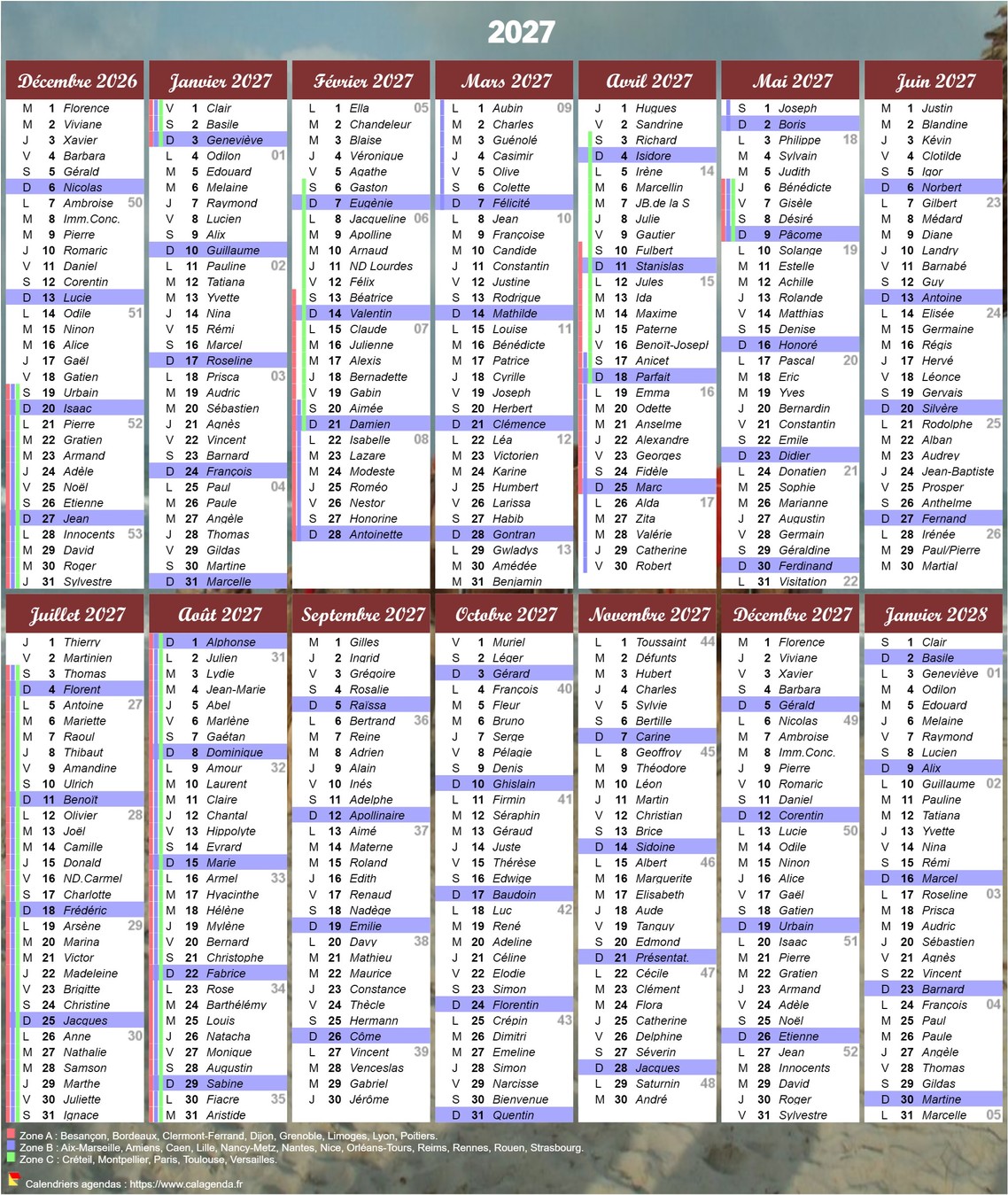 Calendrier 2027 à imprimer 14 mois avec les fêtes et les vacances scolaires