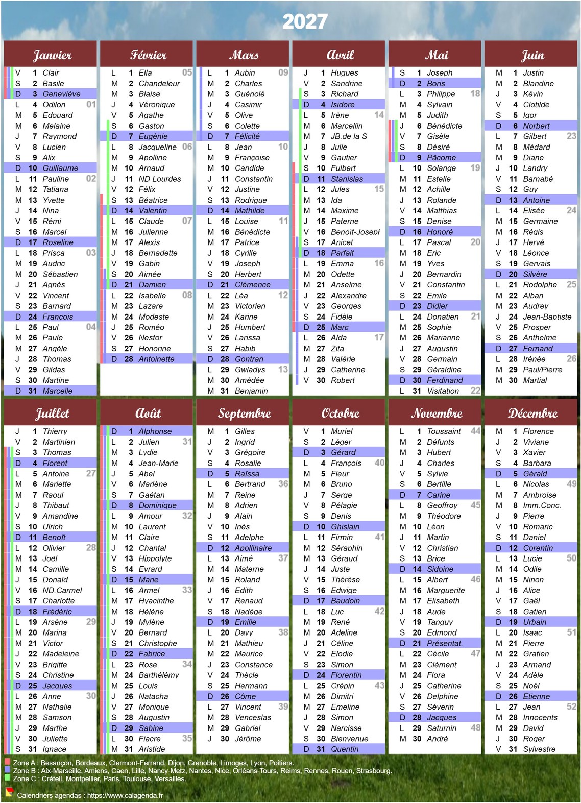 Calendrier 2027 à imprimer annuel avec les fêtes et les vacances scolaires