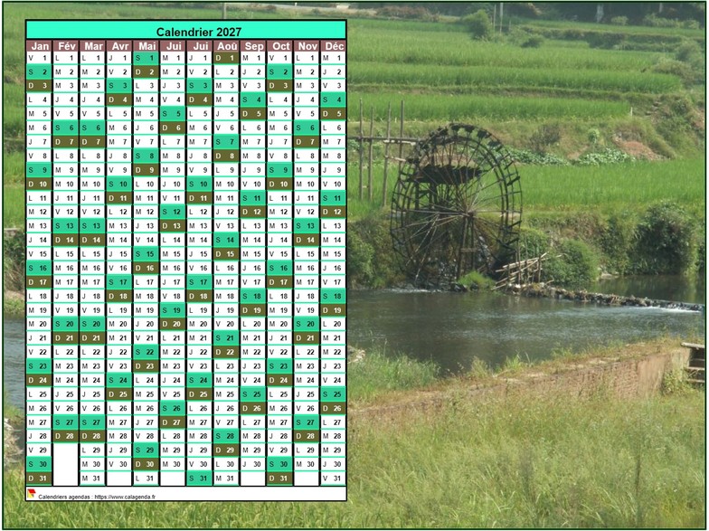 Calendrier 2027 annuel à imprimer, une colonne par mois, format paysage, placé sur une photographie