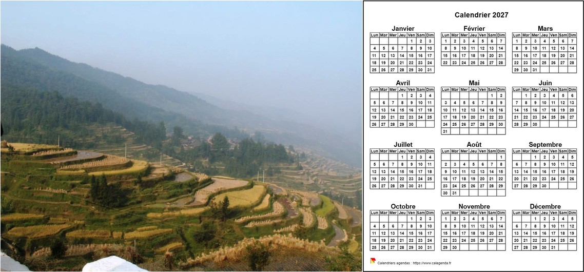 Calendrier 2027 annuel à imprimer, format paysage, une ligne par trimestre, à droite d'une photo
