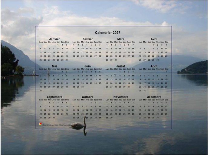 Calendrier 2027 annuel, format paysage, quatre colonnes par trois lignes, incrusté au centre d'une photo
