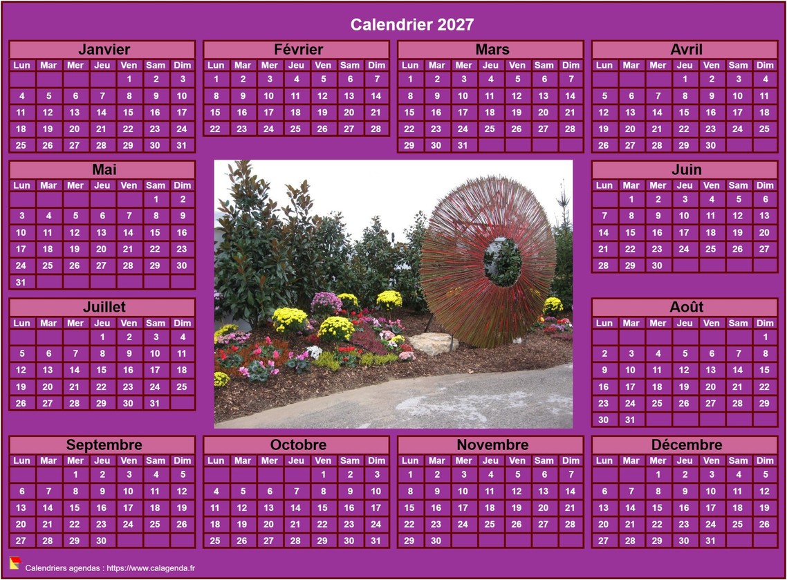 Calendrier 2027 photo annuel à imprimer, fond rose, format paysage, sous-main ou mural