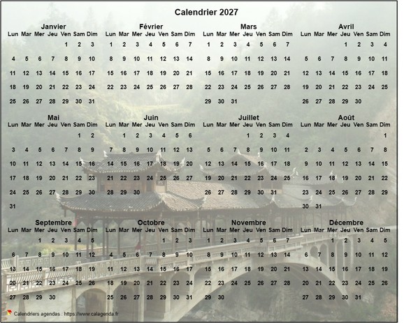 Calendrier 2027 annuel à imprimer, format paysage, quatre colonnes par trois lignes, par dessus une photo