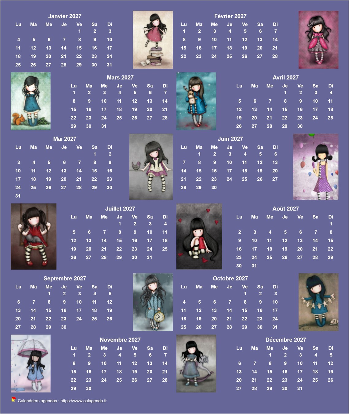 Calendrier 2027 annuel Gorjuss