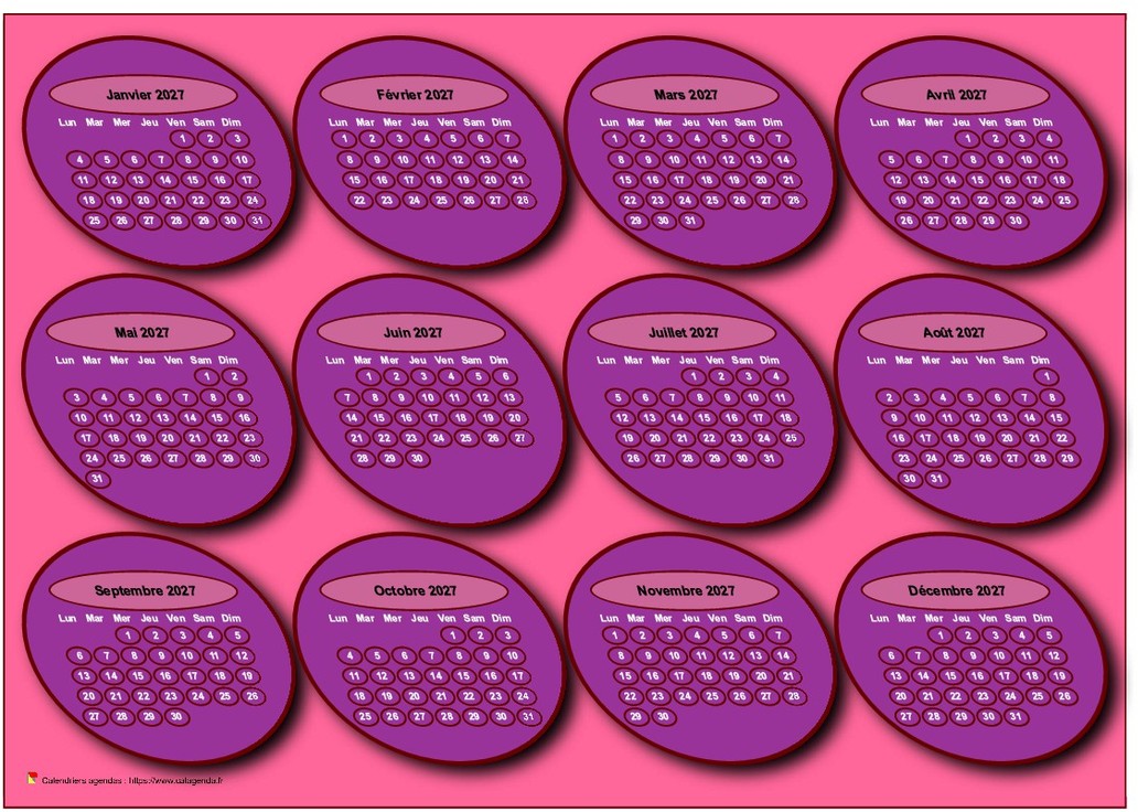 Calendrier 2027 annuel 3D, tout en cercles