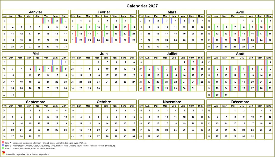 Calendrier 2027 annuel à imprimer, avec les vacances scolaires, format paysage