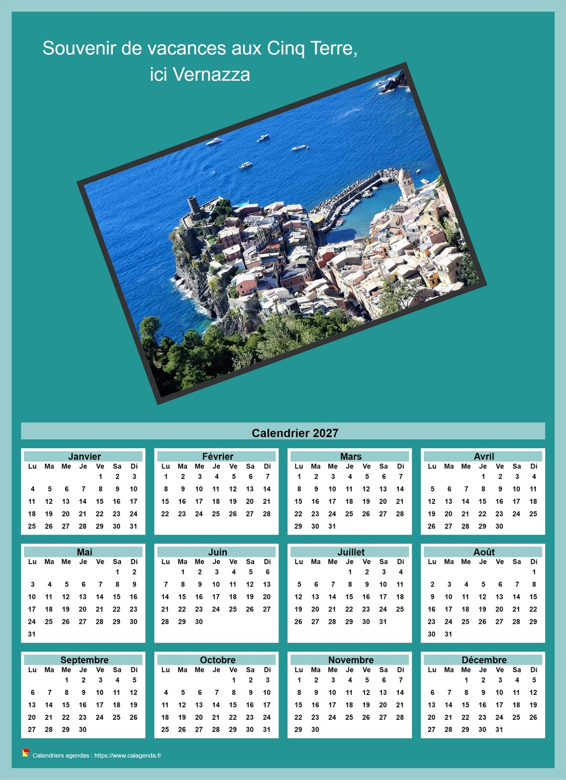 Calendrier 2027 annuel à imprimer avec photo Cinq Terres Italie