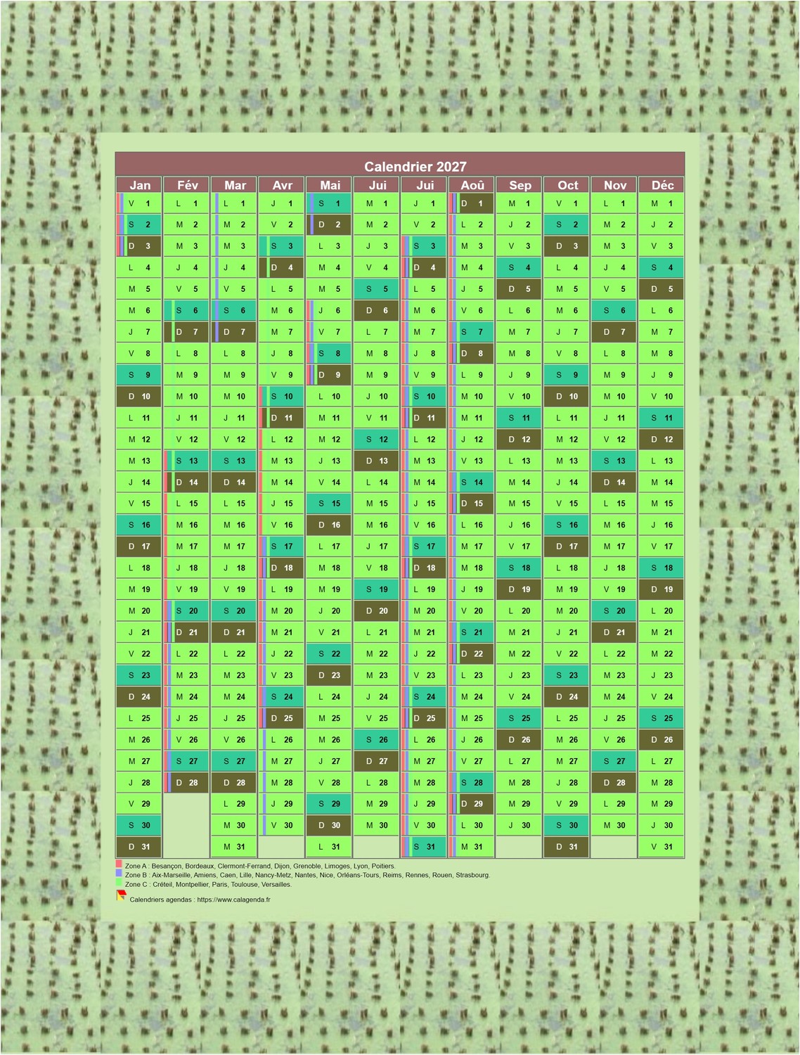 Calendrier 2027 annuel décoratif, 12 colonnes, cadre photo vert, avec les vacances scolaires