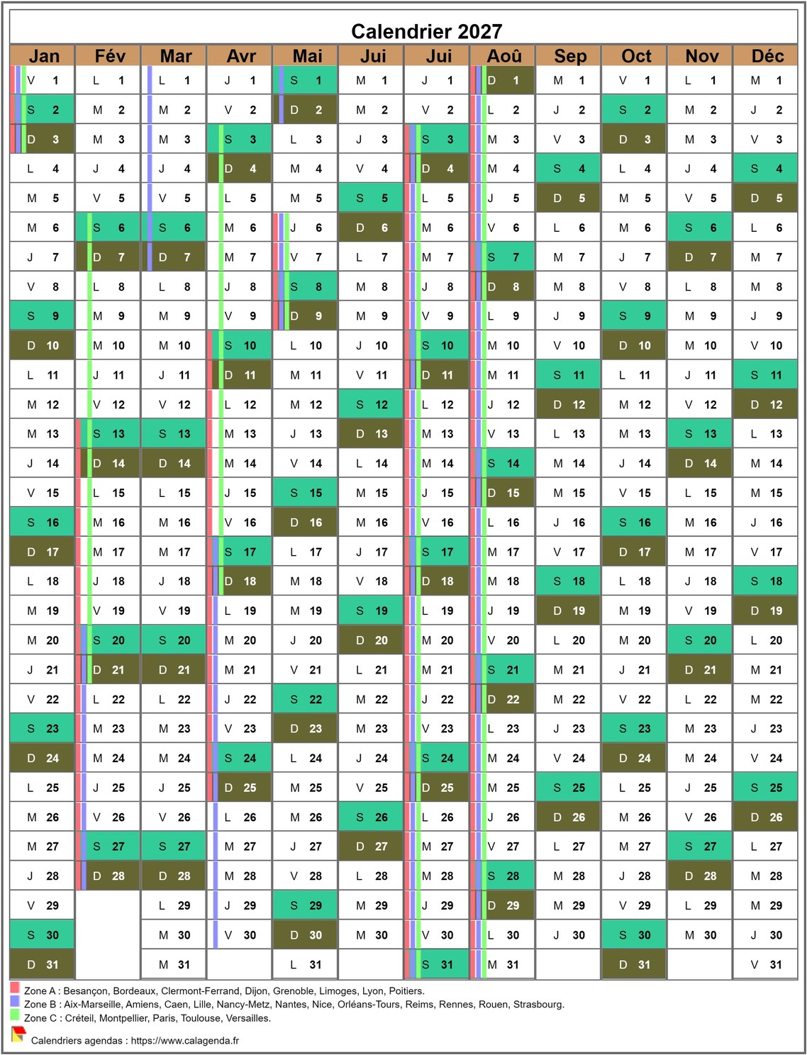 Calendrier 2027 annuel, 12 colonnes, avec les vacances scolaires